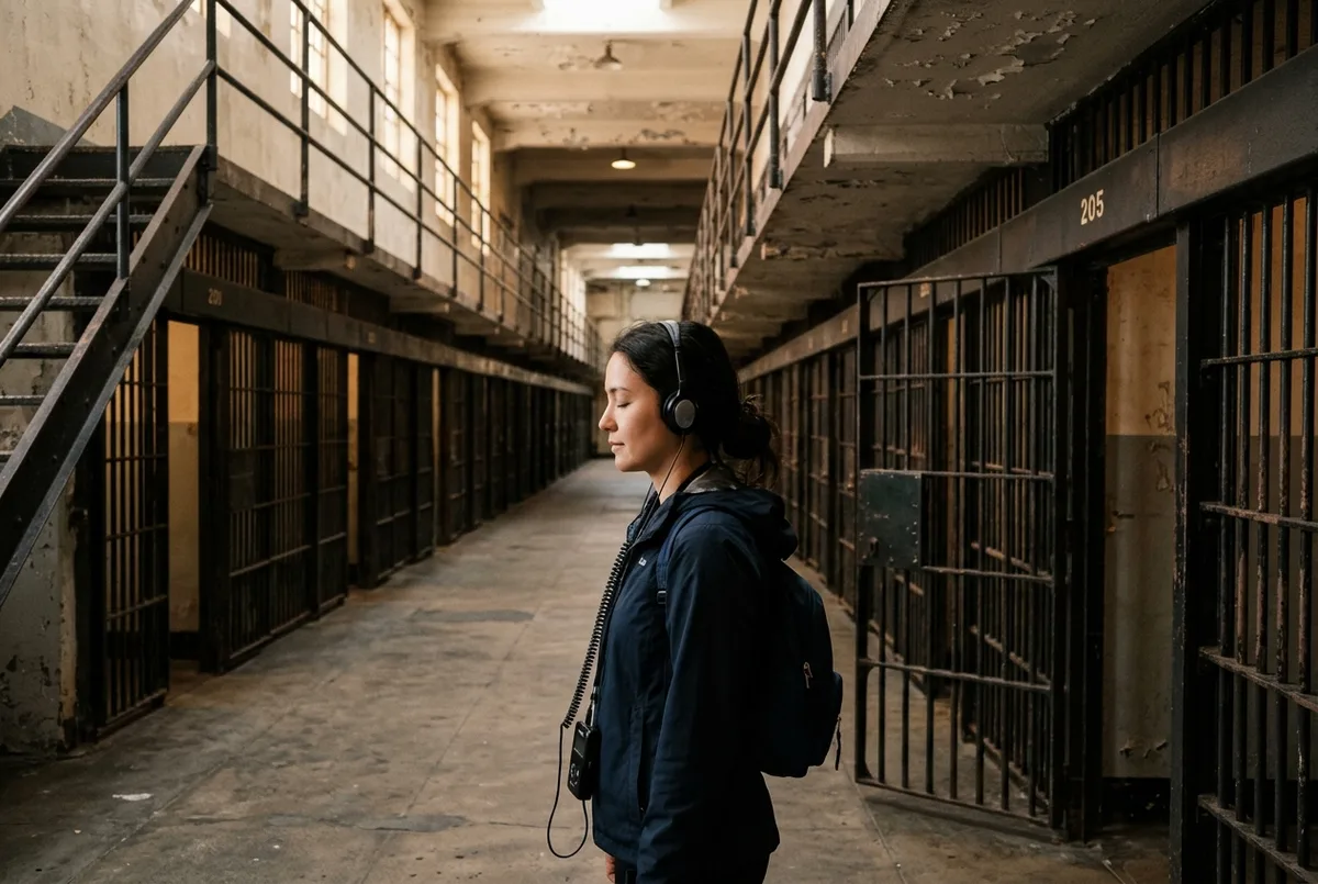 A visitor wearing an Alcatraz audio tour headset inside a cellhouse corridor, eyes closed slightly while listening, with rows of empty prison cells stretching into the background