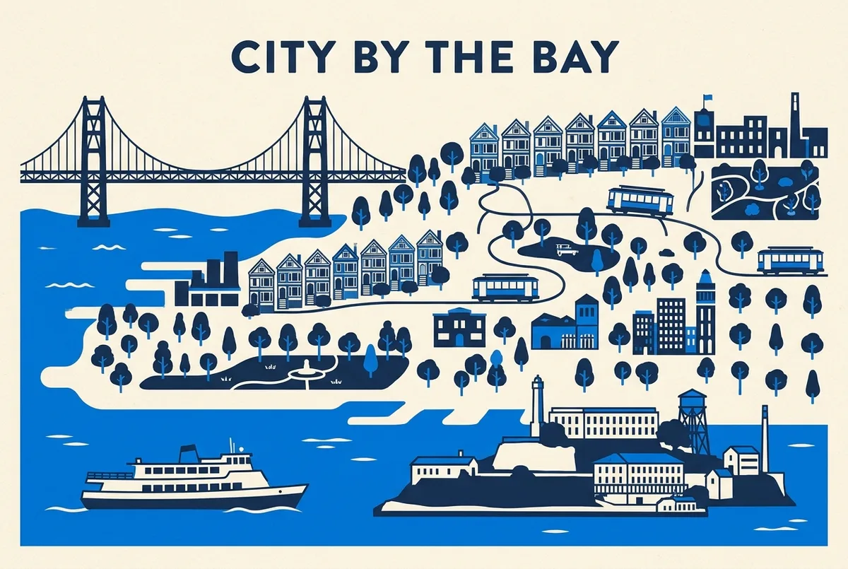 illustrated map of San Francisco highlights for Alcatraz City Cruises: Tickets, Prices and How Booking Works, alcatraz city cruises