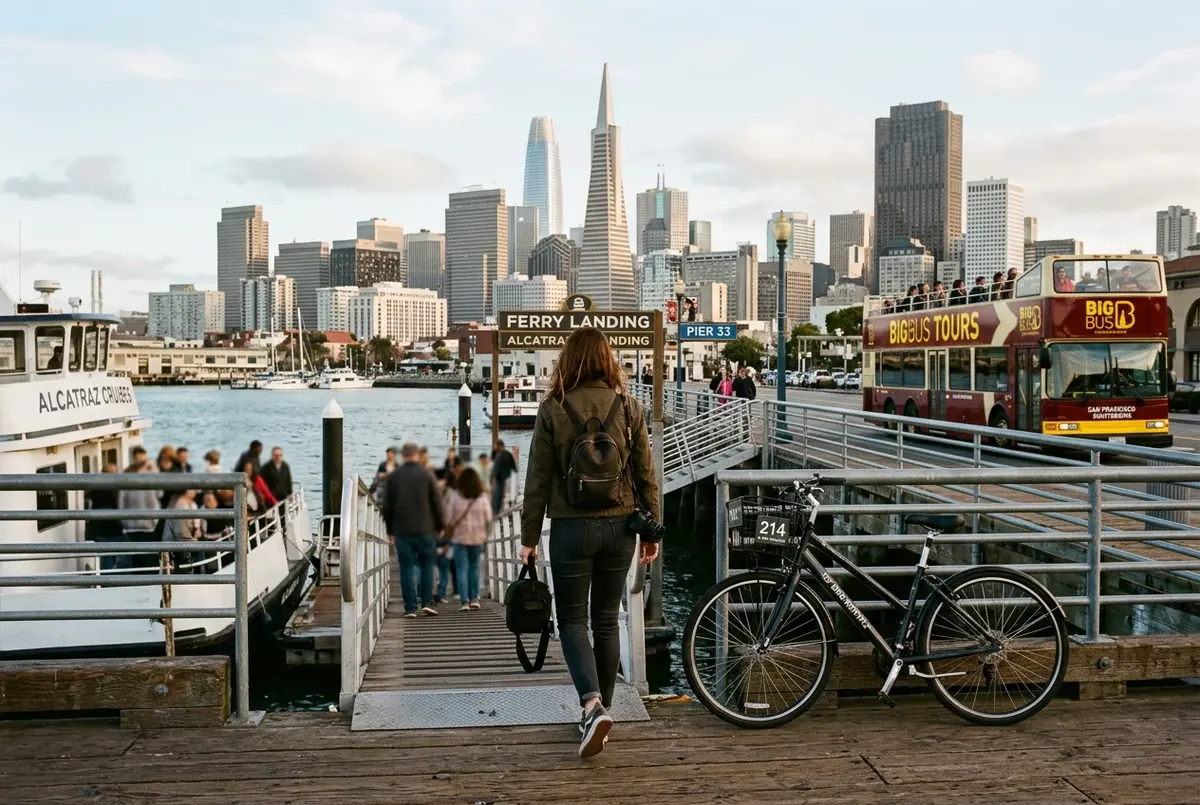 A traveler stepping off the Alcatraz ferry at Pier 33 toward a rental bike parked near the dock, with the San Francisco skyline and a sightseeing bus visible in the background