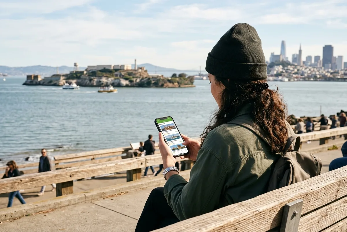 Viajero mirando una página de ofertas estilo Groupon en el móvil con la isla de Alcatraz visible al fondo sobre la bahía