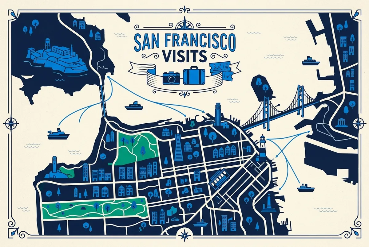 illustrated map of San Francisco highlights for Entradas a Alcatraz con Descuento: ¿Existen Ofertas y Cupones de Groupon?, entradas alcatraz descuento