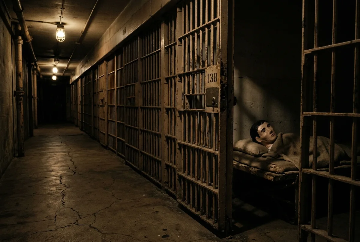 A dimly lit Alcatraz cell block corridor at night evoking the 1962 escape, with a cell door slightly ajar and a papier-mache dummy head visible on a pillow