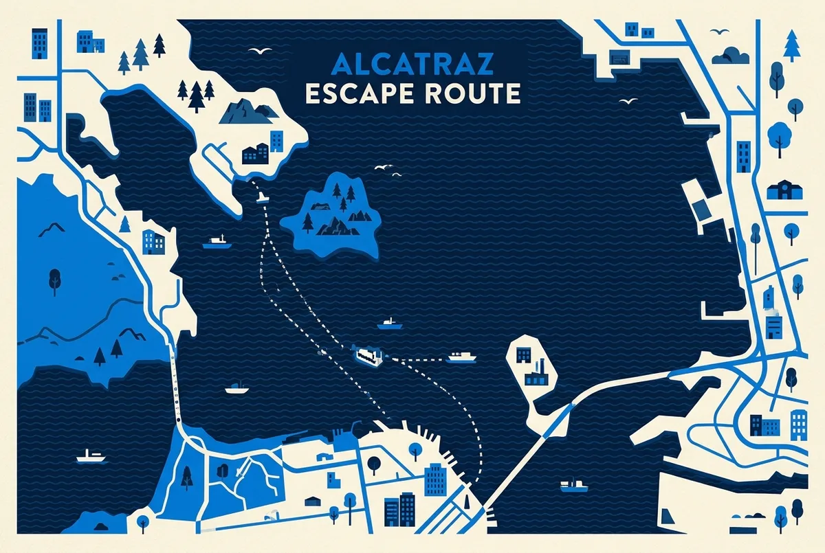 Simple map-style infographic showing the escape route from Alcatraz Island across San Francisco Bay toward Angel Island, with dotted lines and no statistics, flat icon style