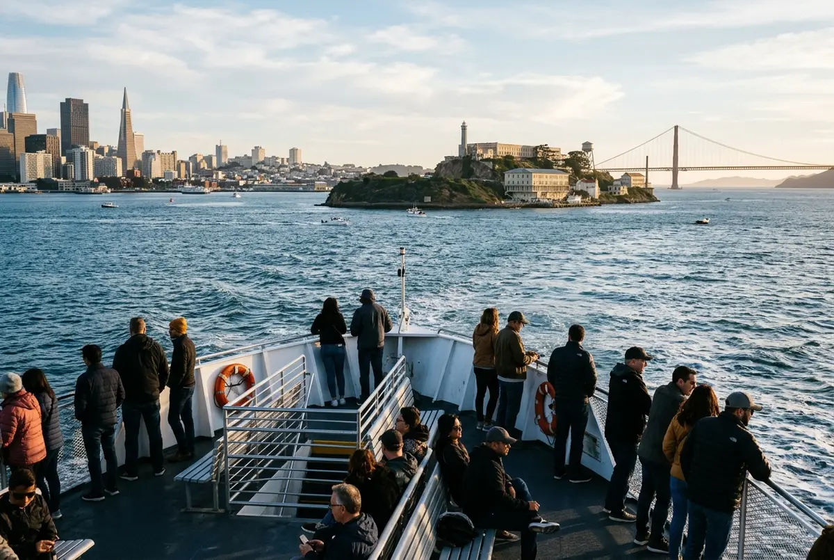 Ferry de Alcatraz City Cruises zarpando de Pier 33 con pasajeros en la cubierta superior y el Golden Gate Bridge visible a lo lejos