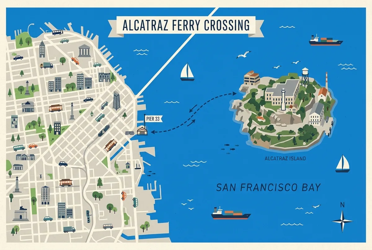 Mapa sencillo de la bahía de San Francisco mostrando la ruta del ferry entre Pier 33 y la isla de Alcatraz junto al Golden Gate Bridge, con iconos planos sin cifras