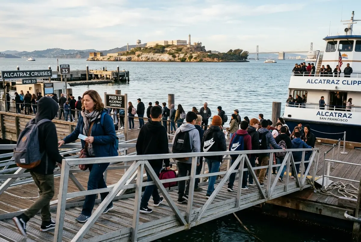 A school group of students and a teacher boarding the Alcatraz ferry at Pier 33 with the island visible across the bay