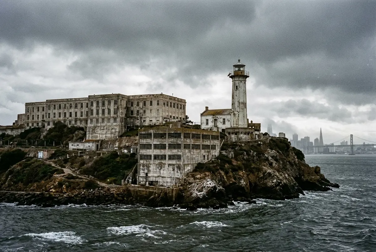 Edificio de celdas en ruinas parciales de la antigua prisión federal de Alcatraz bajo un cielo gris, con el Golden Gate Bridge visible a lo lejos, evocando la historia de alcatraz