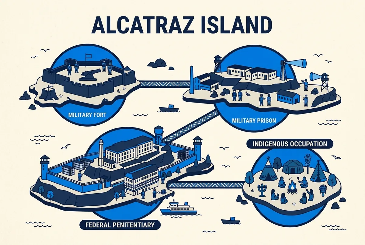 Línea de tiempo ilustrada de la historia de Alcatraz con iconos planos del fuerte militar, el faro, el edificio de celdas y la bandera de la ocupación indígena de 1969, sin cifras