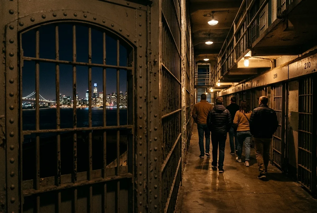 Visiteurs marchant dans un couloir faiblement éclairé du pénitencier d'Alcatraz pendant la visite nocturne avec les lumières de San Francisco visibles par une fenêtre grillagée
