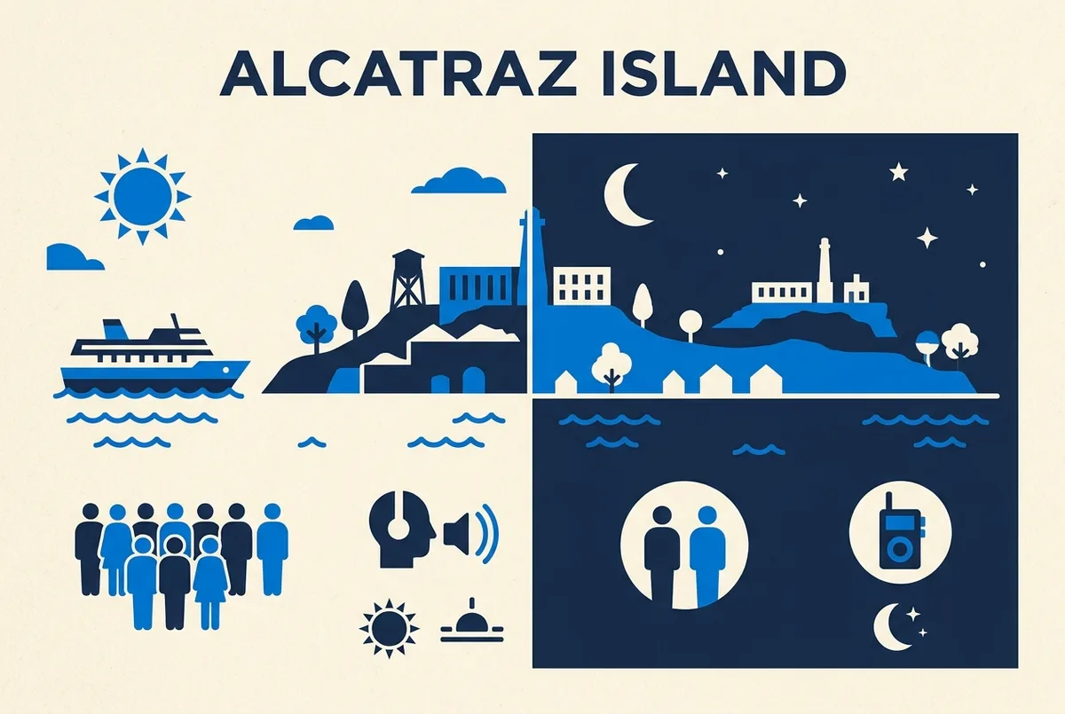 Infographie comparant la visite d'Alcatraz de jour et de nuit, icônes plates simples pour la foule, le format audio et les horaires, sans aucun chiffre