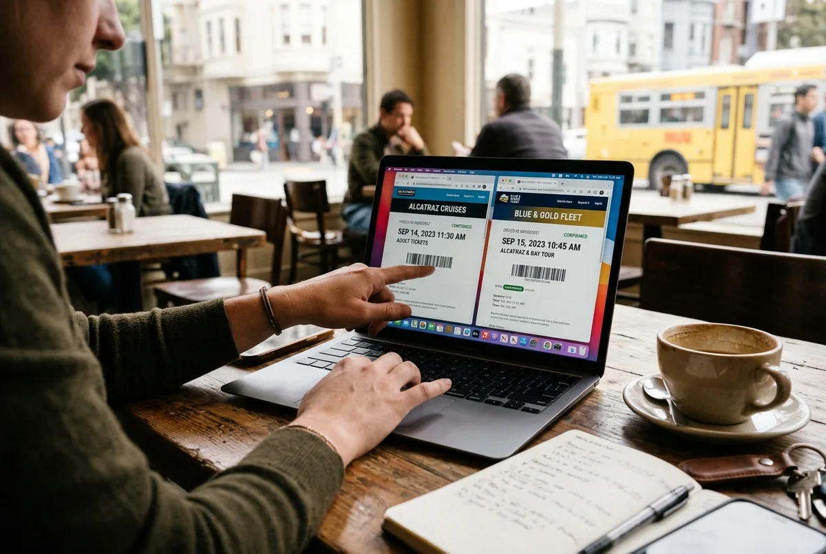 Close-up of a hand comparing two Alcatraz ticket confirmation pages on a laptop screen at a San Francisco cafe table