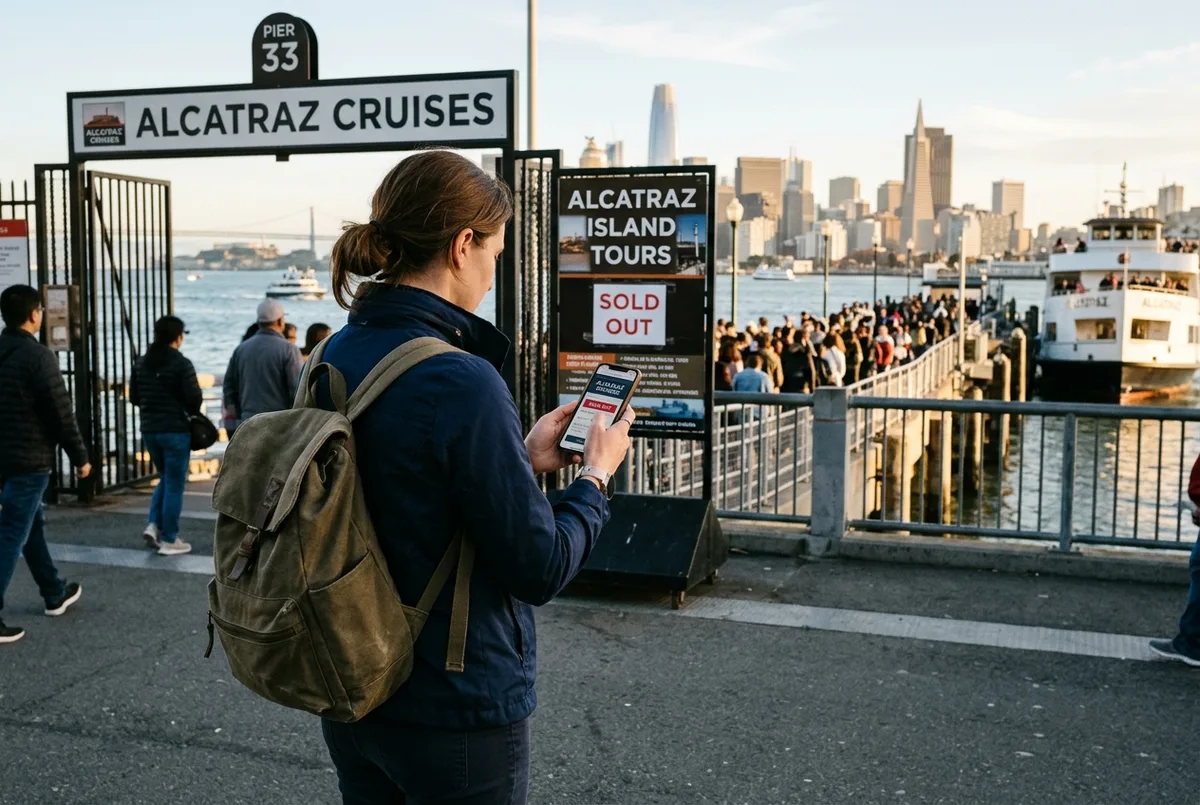Reisender prüft am späten Vormittag auf dem Handy die Verfügbarkeit von Alcatraz Tickets ausverkauft Lösungen in der Nähe von Pier 33 in San Francisco