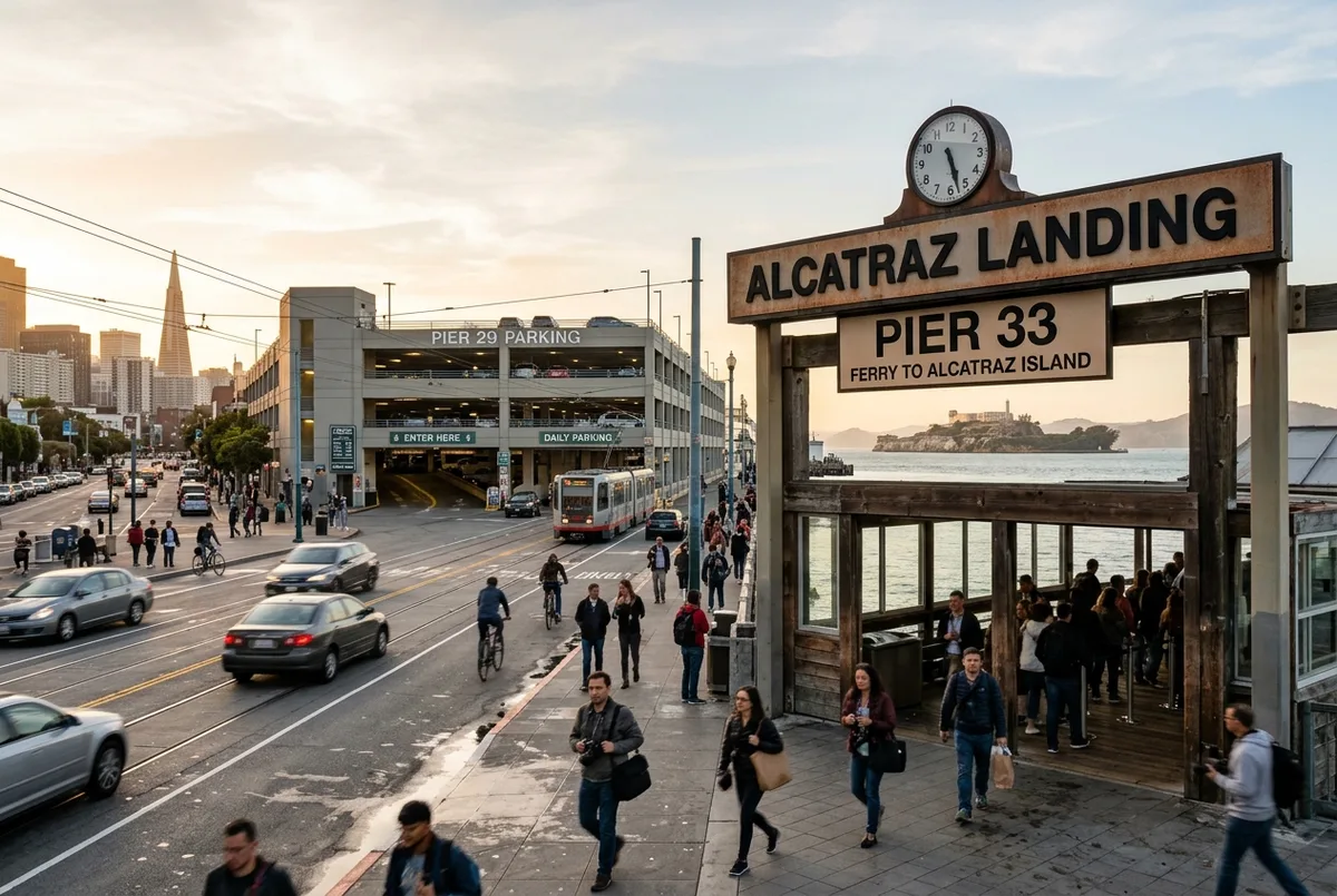 The Alcatraz Landing entrance sign at Pier 33 on the Embarcadero in San Francisco with a paid parking garage visible across the street in late afternoon light