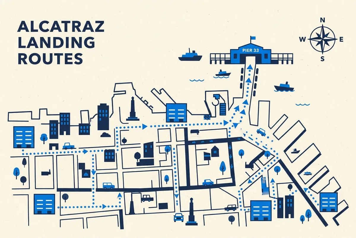 Map-style infographic showing walking routes from several Embarcadero parking garages to the Pier 33 Alcatraz Landing gate, labeled Parking Garage, Walking Route, and Pier 33, with simple flat icons and no statistics