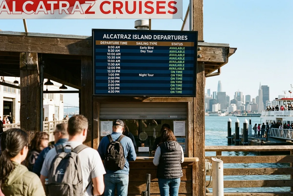 Pizarra de horarios del ferry a Alcatraz en el muelle de Pier 33 al atardecer con pasajeros consultando las franjas de salida
