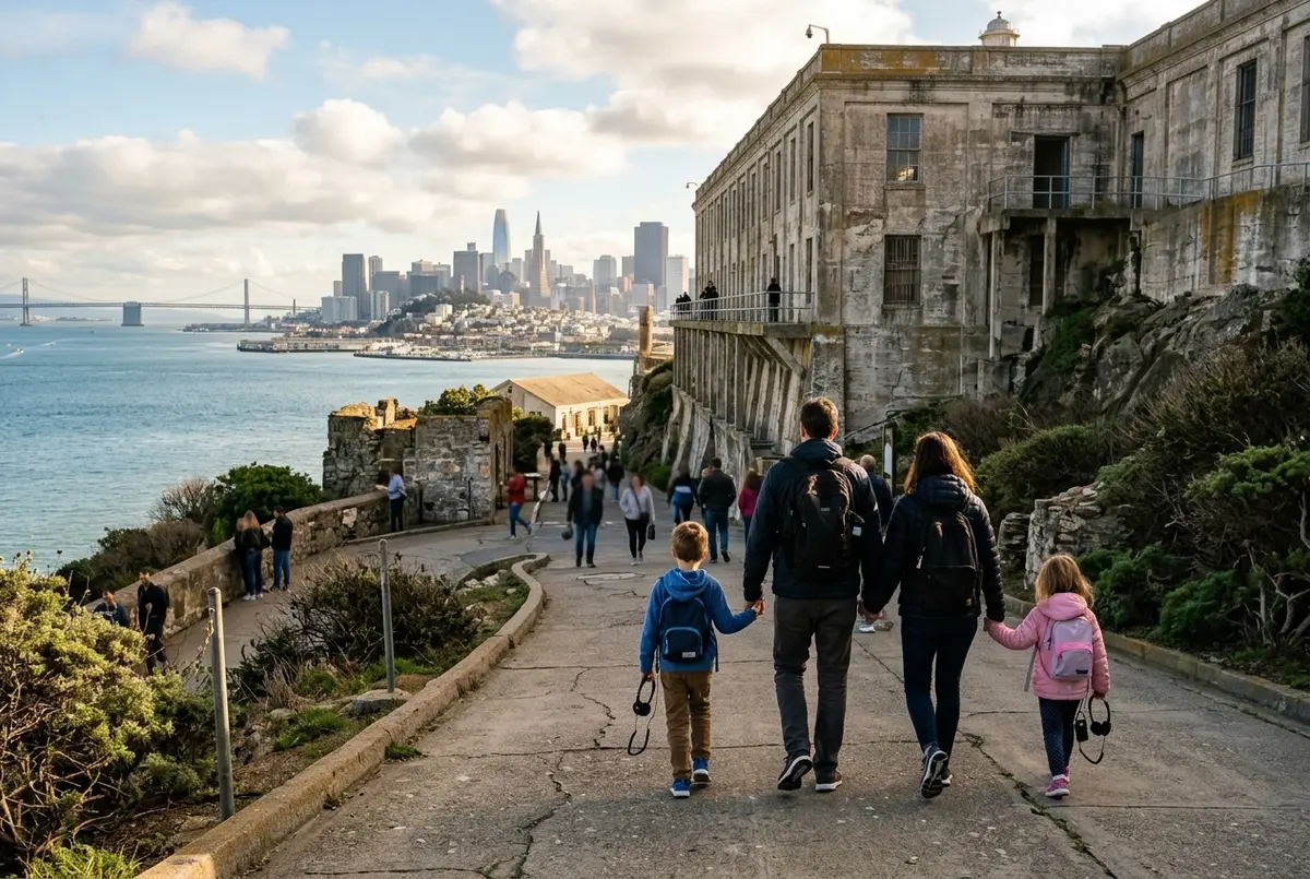 A family with two young children walking the paved path up to the Alcatraz cellhouse, holding audio tour headsets, with San Francisco Bay visible behind them