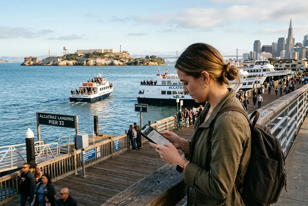 Voyageur comparant deux billets pour visiter Alcatraz sur son téléphone près du Pier 33 à San Francisco en fin de matinée