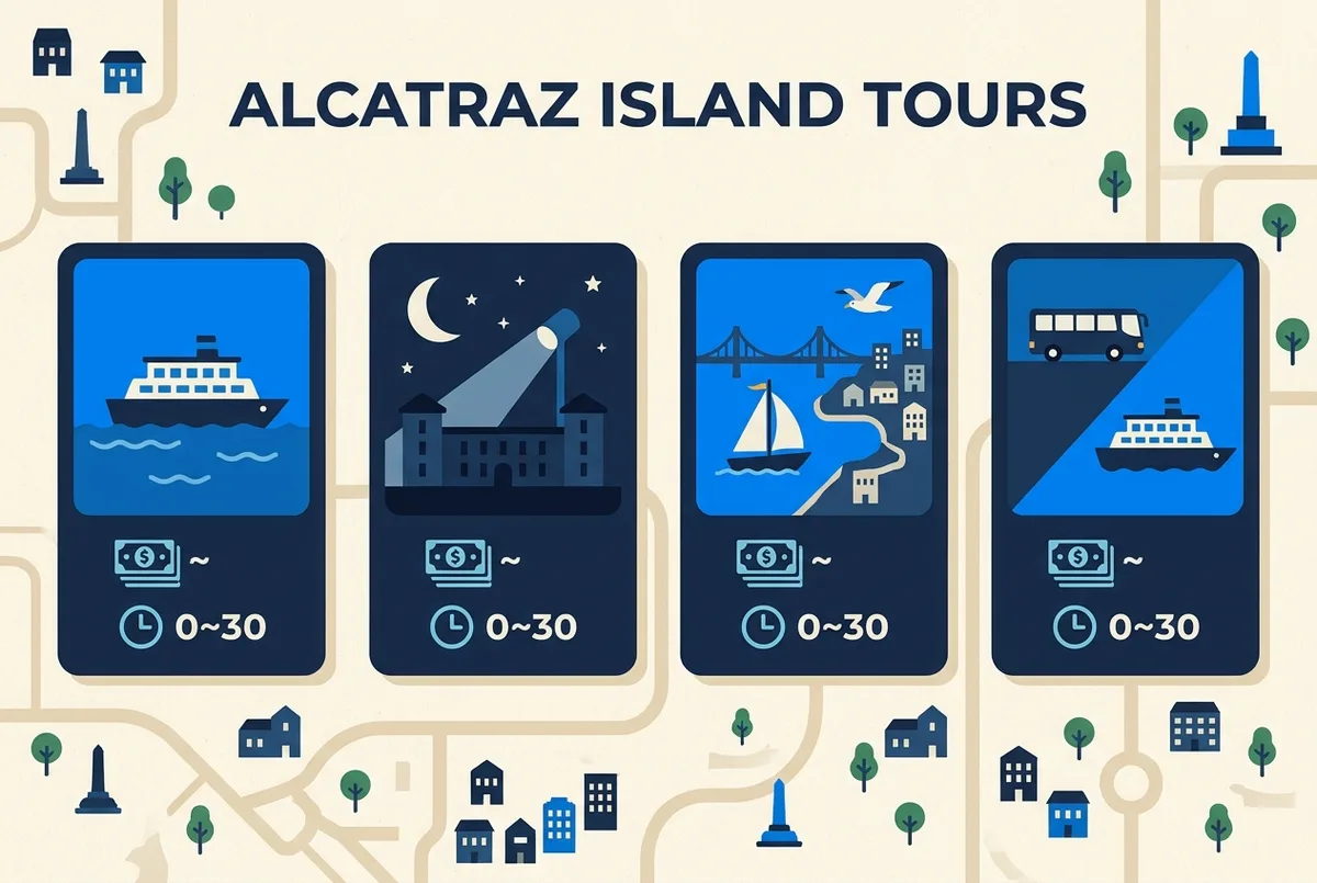 Infographic comparing the four Alcatraz tour categories, Ferry, Night Tour, Bay Cruise, and Combo, as simple labeled tiles with a price range and duration icon for each, flat design, no specific statistics
