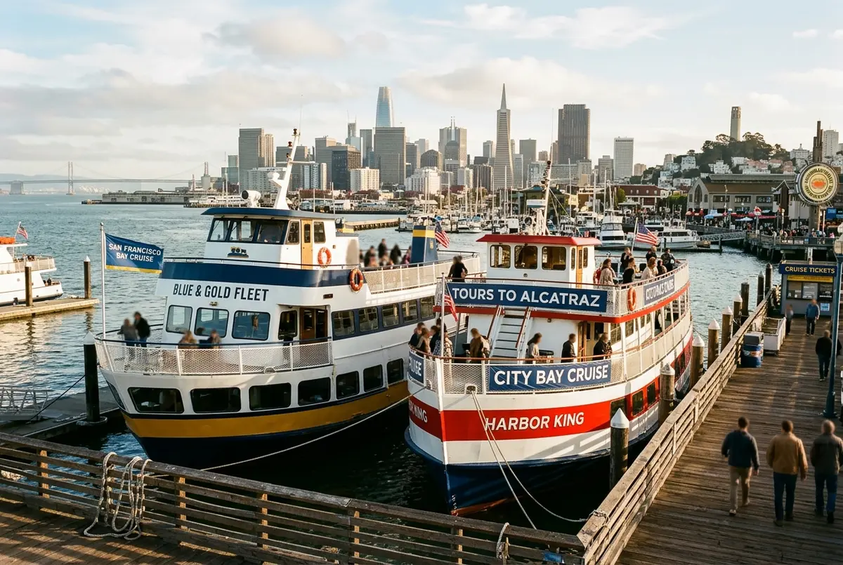 Two San Francisco sightseeing boats docked side by side near Fisherman's Wharf at midday, one in red and white livery and one in blue and gold, with Alcatraz Island visible across the bay