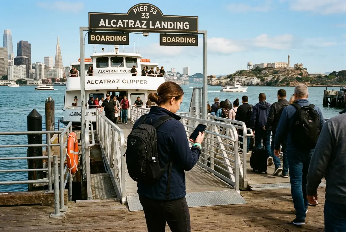 Voyageur consultant l'heure sur son téléphone en embarquant sur le ferry pour Alcatraz au Pier 33, file d'embarquement et île d'Alcatraz visible au loin en fin de matinée, pour illustrer la durée de la visite d'Alcatraz