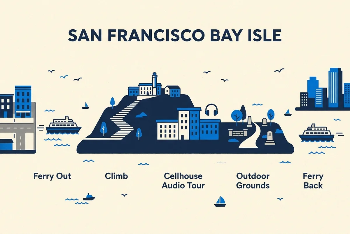 Infographie simple en forme de ligne du temps pour une visite d'Alcatraz, avec les étapes Ferry aller, Montée, Audioguide du pénitencier, Espaces extérieurs et Ferry retour, icônes plates, sans chiffres