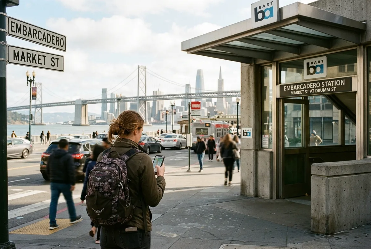 A traveler checking a phone map near a BART station entrance in San Francisco with Embarcadero street signs and the bay visible in the distance