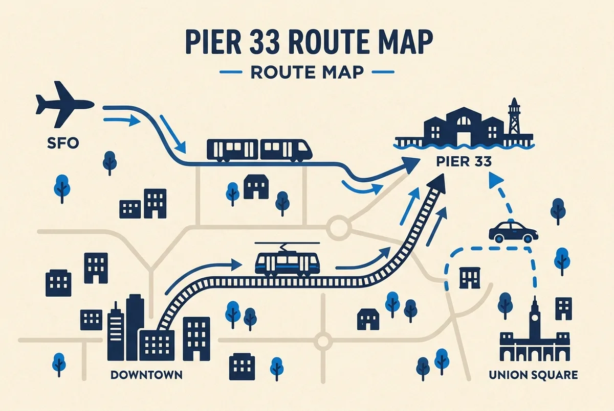 Simple route map infographic showing three labeled transit paths into Pier 33, one from SFO airport via BART, one from downtown via the F-line streetcar, and one from Union Square via rideshare, flat icon style with arrows, no statistics in the image itself