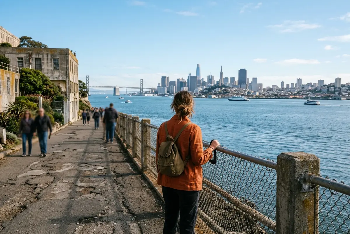 A traveler standing on the Alcatraz cellhouse path looking out over San Francisco Bay toward the city skyline on a clear afternoon