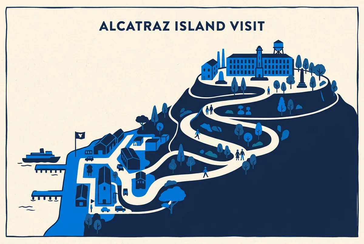 Simple before-and-after infographic comparing the Alcatraz dock at sea level with the cellhouse at the top of the hill, labeled Dock and Cellhouse with a winding path between them, flat icon style, no statistics