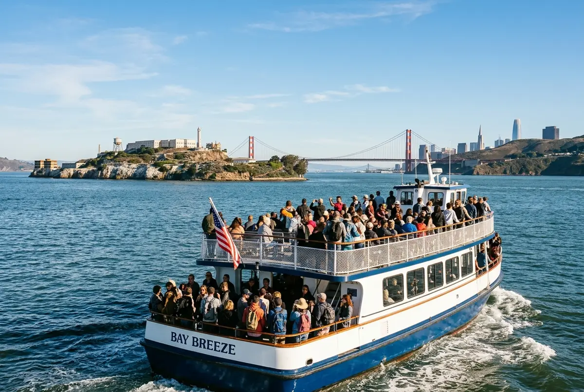A sightseeing boat full of passengers sailing past Alcatraz Island toward the Golden Gate Bridge on a clear afternoon on San Francisco Bay