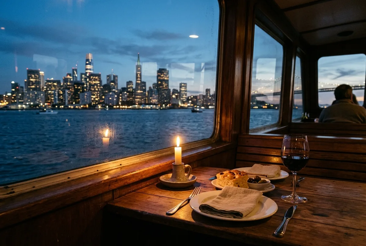 A table set with a single candle and a plate near a boat window at dusk with the San Francisco skyline lights visible outside