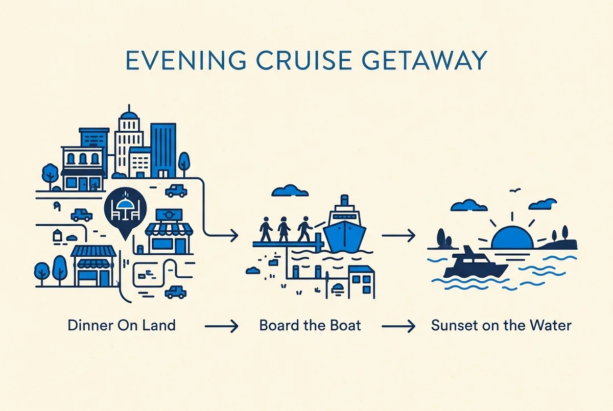 Simple evening timeline infographic labeled Dinner On Land, Board the Boat, and Sunset on the Water with flat icons and no numbers