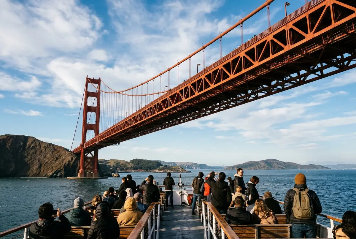 A sightseeing boat passing directly under the Golden Gate Bridge with passengers on the open deck looking up at the span