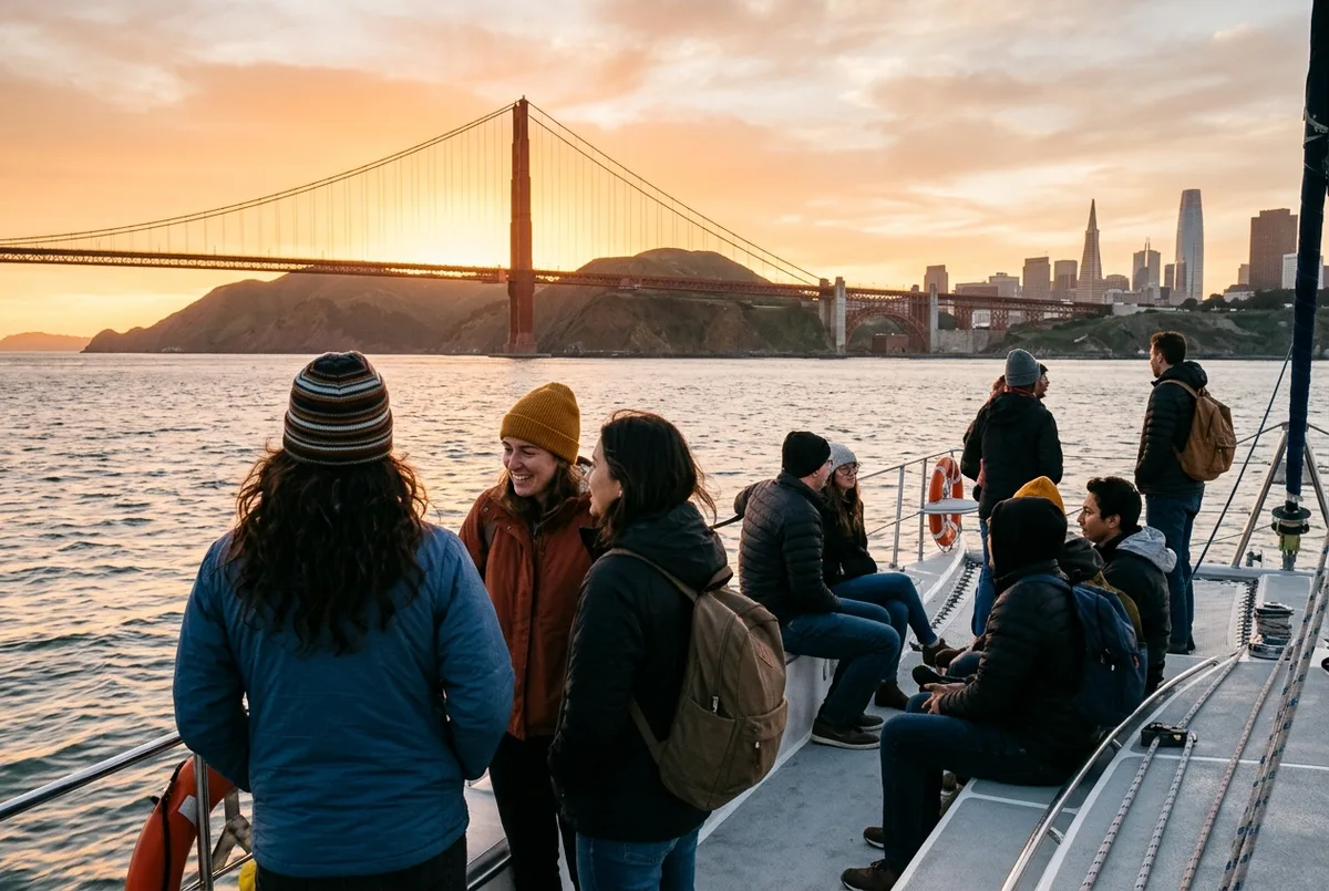 Passengers on a catamaran's open deck watching the sun set behind the San Francisco skyline during a sunset cruise on the bay