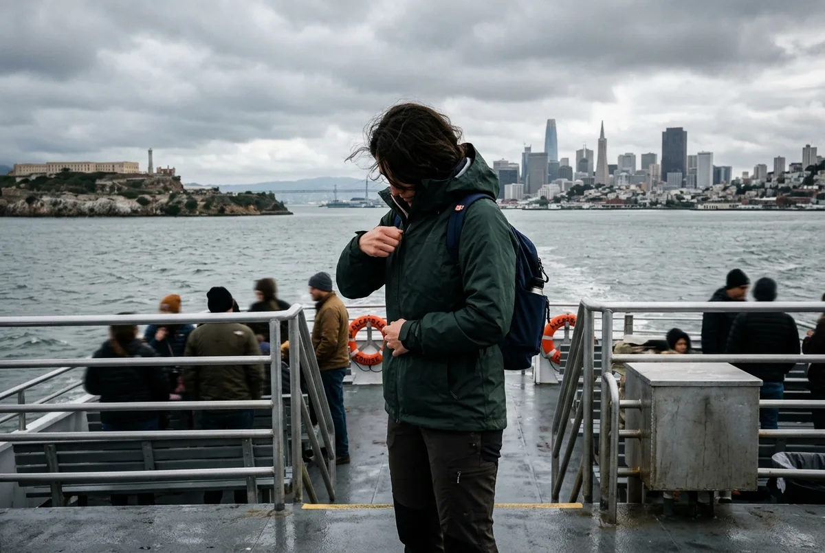Voyageur fermant un coupe-vent sur le pont découvert du ferry pour Alcatraz, baie de San Francisco et ciel gris en arrière-plan, pour illustrer la question de que porter pour visiter Alcatraz