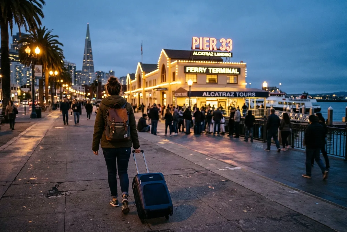 A traveler wheeling a suitcase along the Embarcadero at dusk with Pier 33 signage and the Alcatraz ferry terminal lit up in the background