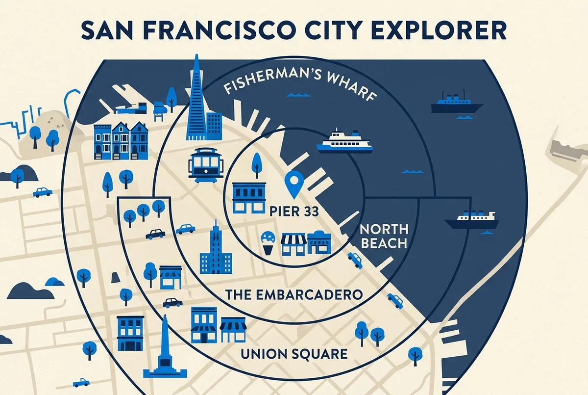 Simple map style infographic showing four labeled neighborhood zones, Fisherman's Wharf, North Beach, the Embarcadero and Union Square, positioned around Pier 33 on the San Francisco waterfront with walking time rings, flat icon style, no statistics in the image itself