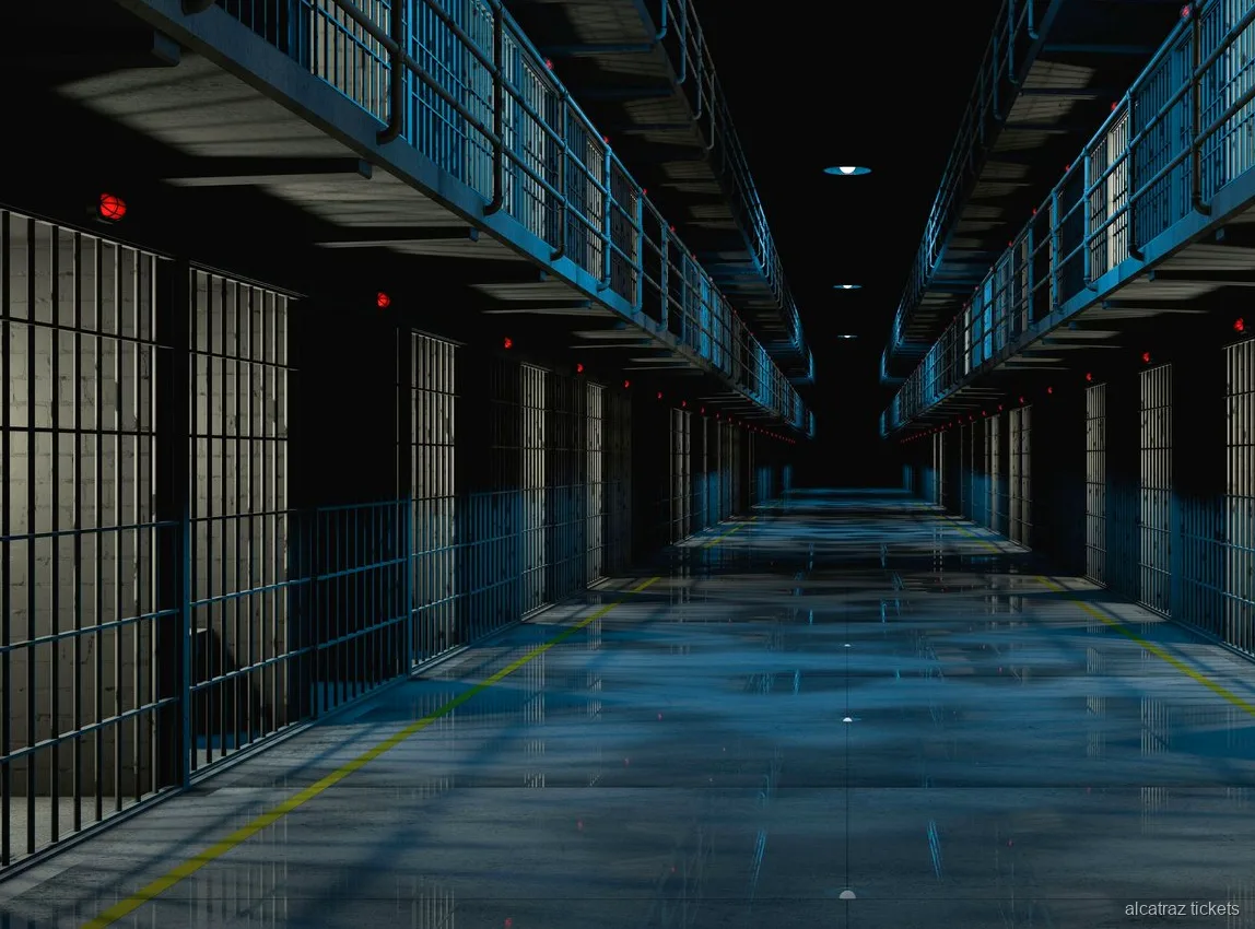 Alcatraz-Nachtfähre überquert die San Francisco Bay nach Einbruch der Dunkelheit